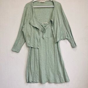 Liberty Love Celery Green Ribbed Sleeveless Dress with Matching Cardigan Sz 2XL